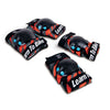A set of black protective knee and elbow pads with orange stripes and text 'Learn To Ride'