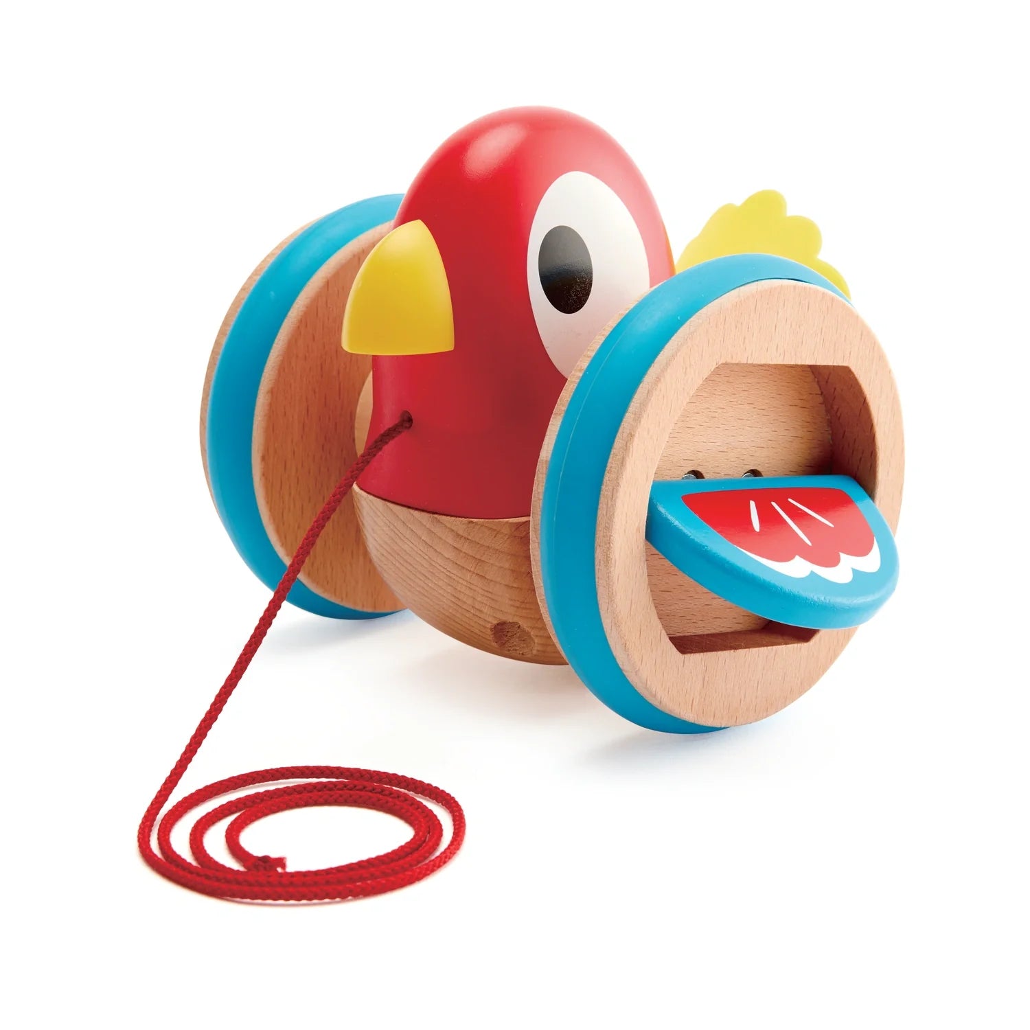 A colorful wooden pull-along toy shaped like a bird with wings and a tail, on a red string.