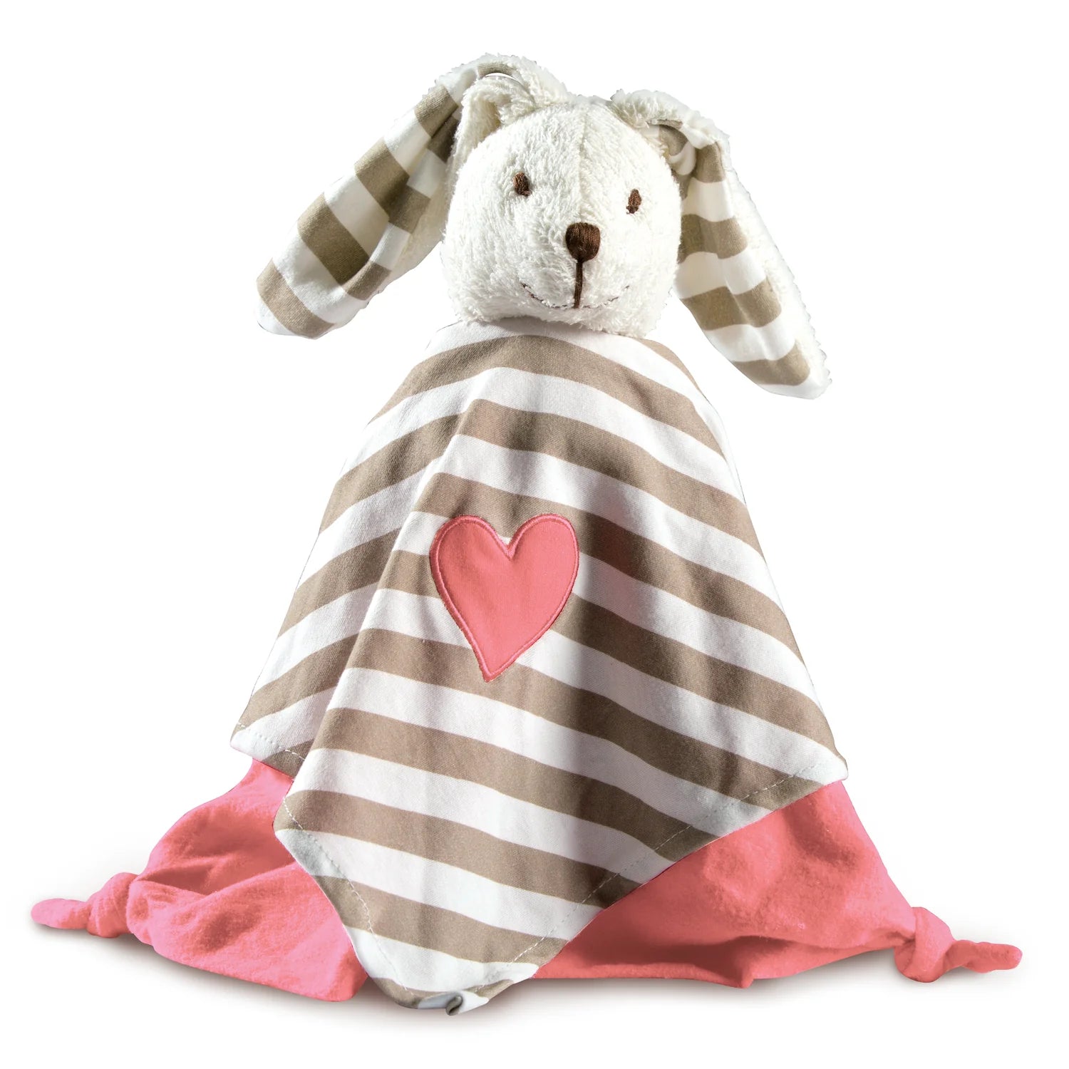 A striped patterned baby comforter with a plush rabbit toy attached to it, in colors beige, white, and pink.