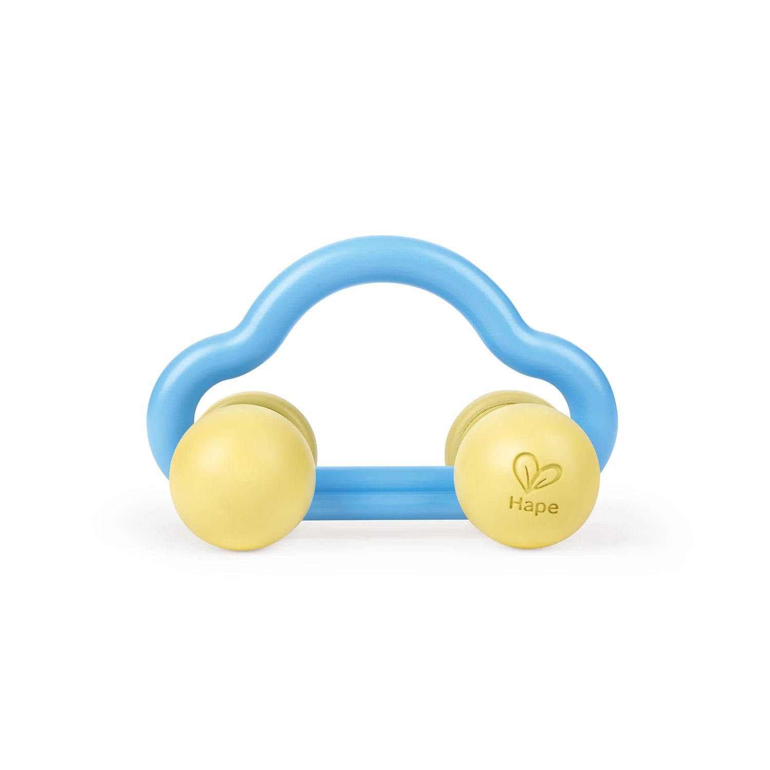 A colorful toy car with blue body and yellow wheels designed for babies.