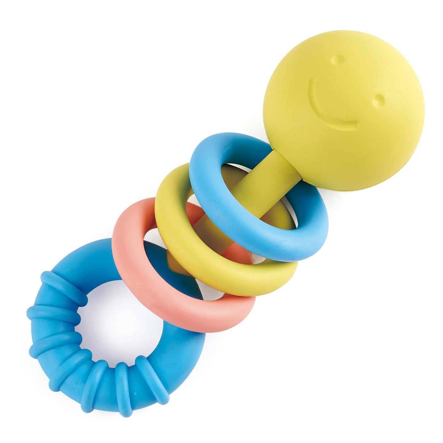 A colorful teething toy consisting of a smiling face with movable rings in blue, pink, and yellow, made from a safe, rice-based material.