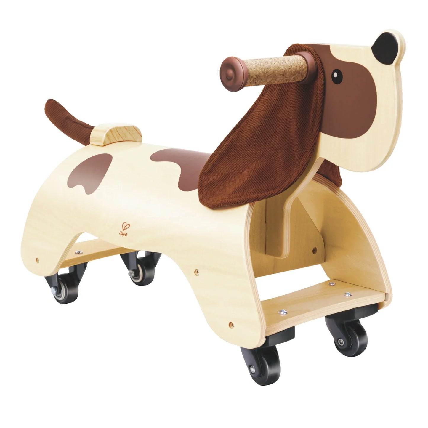 A wooden ride-on toy shaped like a dachshund with cork handles and corduroy ears, designed for toddlers.