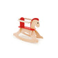 A wooden rocking horse with a red guardrail and base, and a beige body.