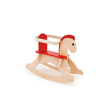 A wooden rocking horse with a red guardrail and base, and a beige body.