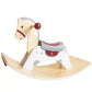 A wooden rocking horse with a cushioned seat and red anti-slip handles on a curved rock base, set against a white background.
