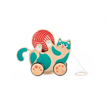 A wooden pull-along toy in the form of a kitten with a wool rattle in its paws, on wheels with rubber rims, and a string for pulling.