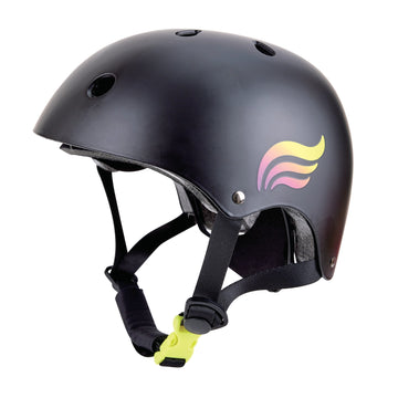 A black safety helmet with a colorful logo on the side, featuring a strap and adjustable chin strap.