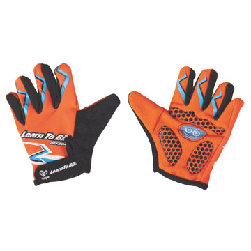 A pair of orange sports rider gloves with black and blue accents, designed for kids. The gloves feature a non-slip silicone pad on the palm side and are branded with 'Hape Learn To Ride'.