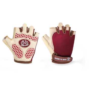 A pair of Sporty Kids Gloves in blue and red color with a bicycle motif and non-slip silicone pad on the palm side.