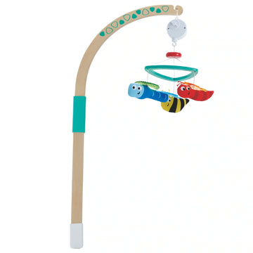 A colorful baby mobile with three fabric bugs and a music box, fastened to a wooden arm that is designed to be attached to a cot or change table.