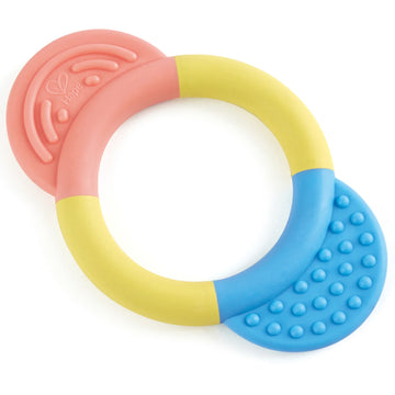 A multicolored teether ring with textural differences designed for babies to hold and chew.