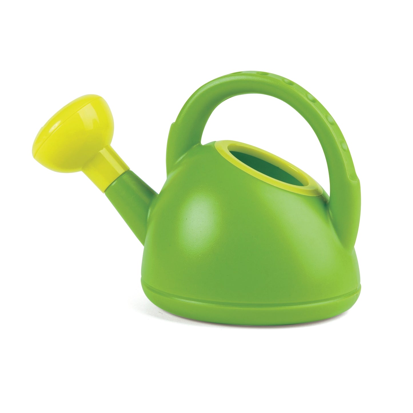 A green plastic watering can with a yellow spout and handle, designed for children.