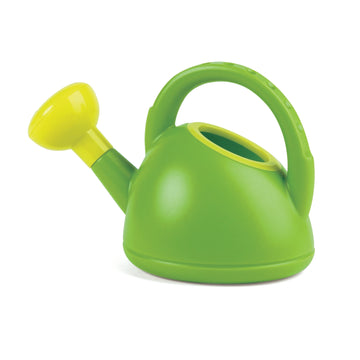 A green plastic watering can with a yellow spout and handle, designed for children.
