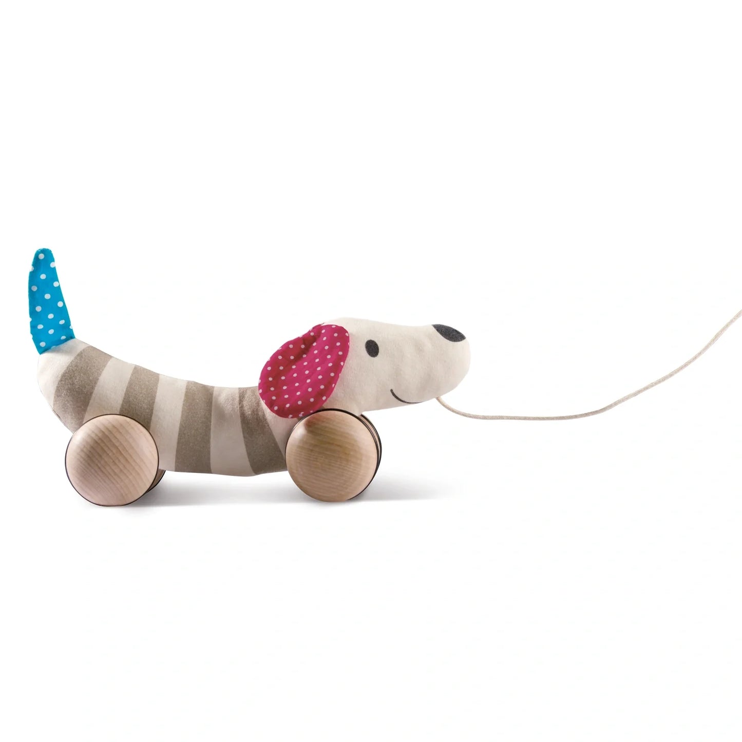 A soft fabric dog toy on wheels with wooden components, featuring rotatable ears and a pull-along string.