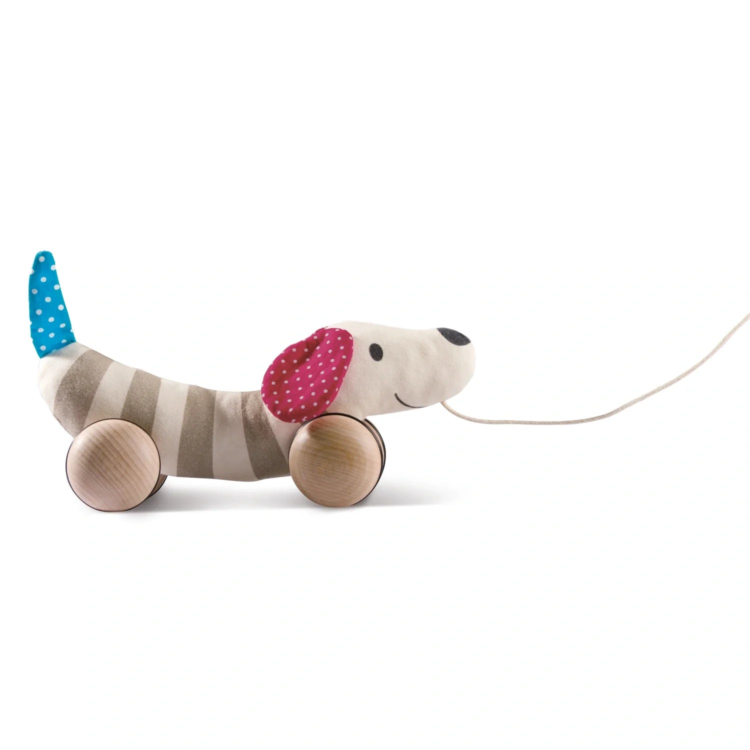 A soft fabric dog toy on wheels with wooden components, featuring rotatable ears and a pull-along string.