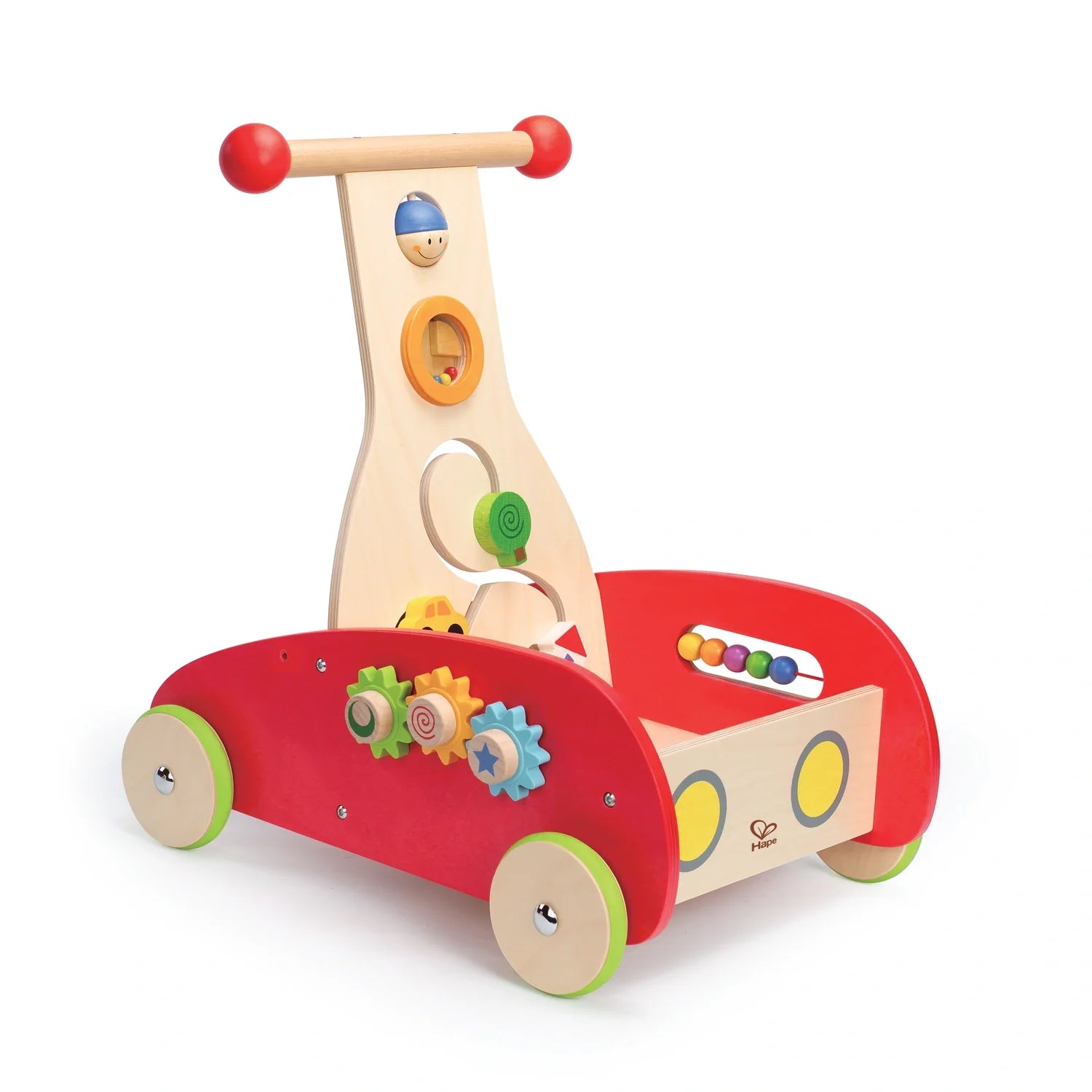 A colorful wooden baby walker with red base and multicolored toys attached, including gears and balls.