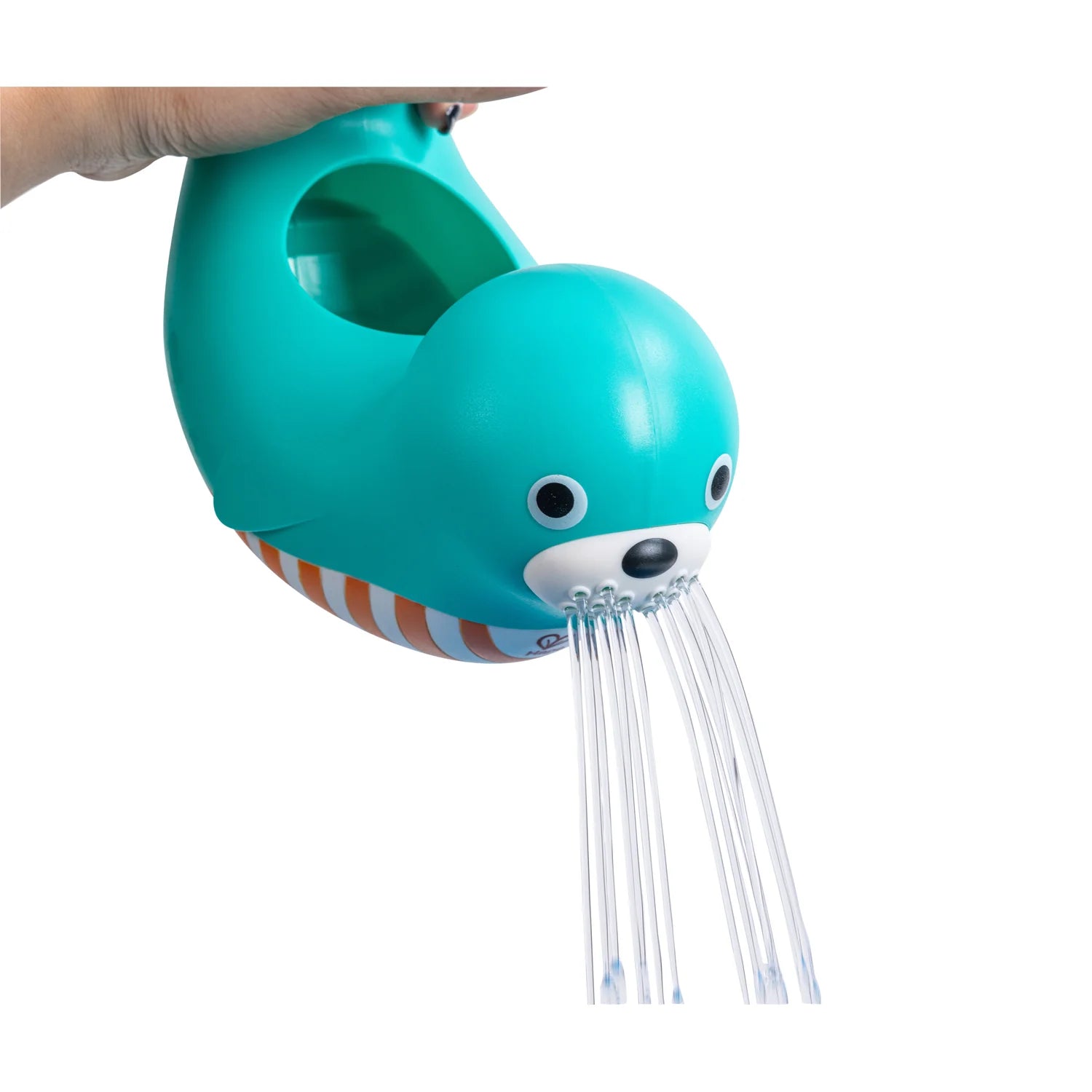Teal children's shower head shaped like a seal with water flowing out on a white background