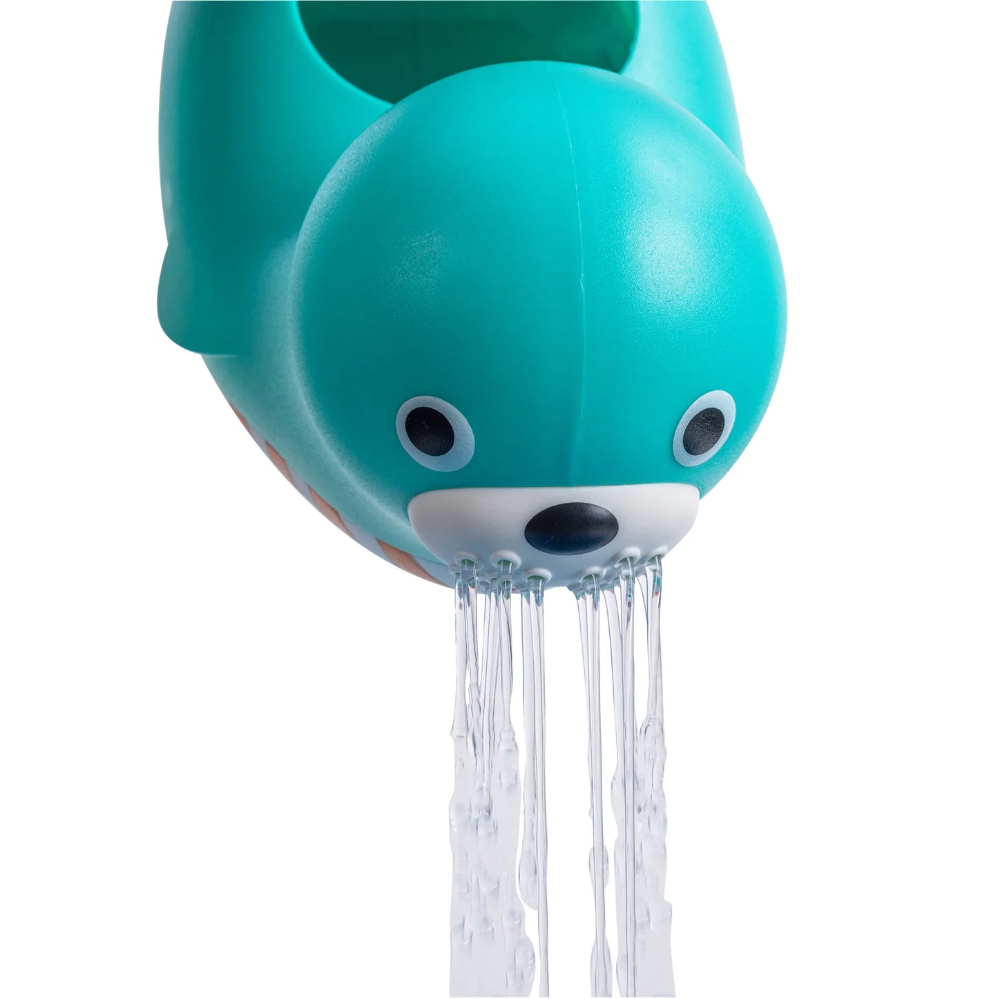 Teal shark-shaped shower head with water flowing on a white background
