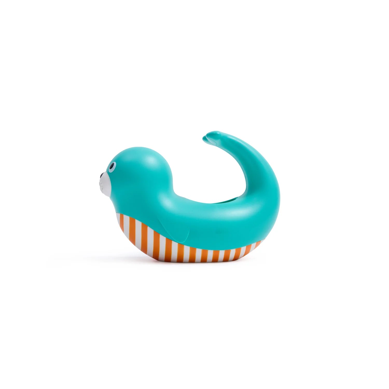 Turquoise and orange striped toy on a white background