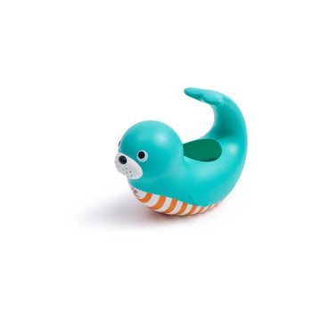 Turquoise and orange toy snake on a white background