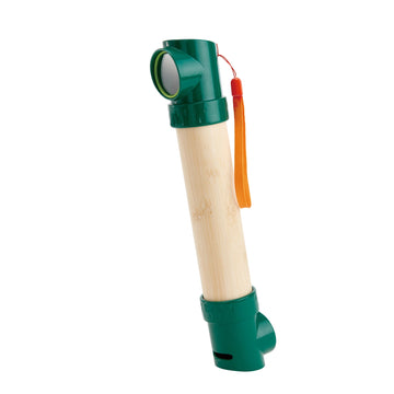 A green and beige bamboo periscope toy with a wrist strap.