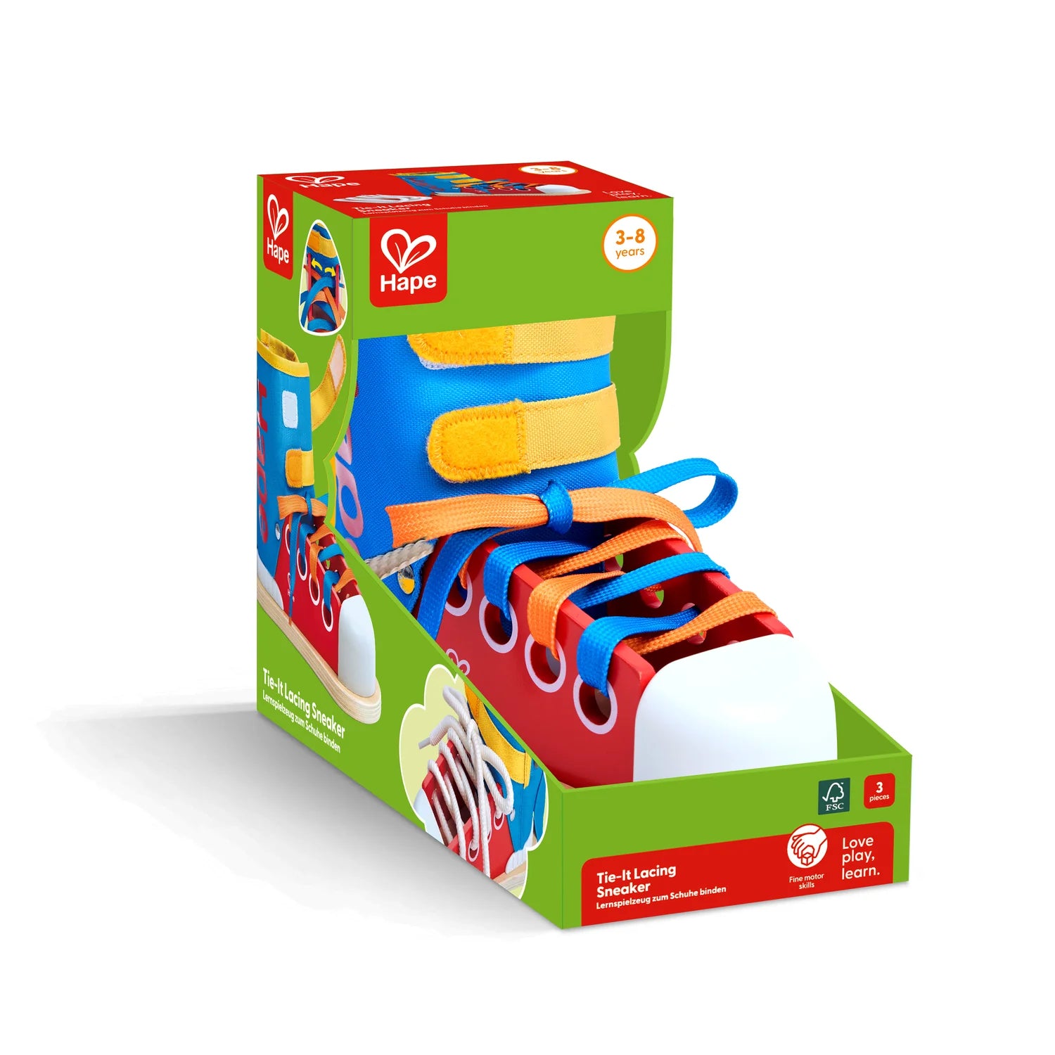 Colorful toy shoe packaging with Hape logo on a white background