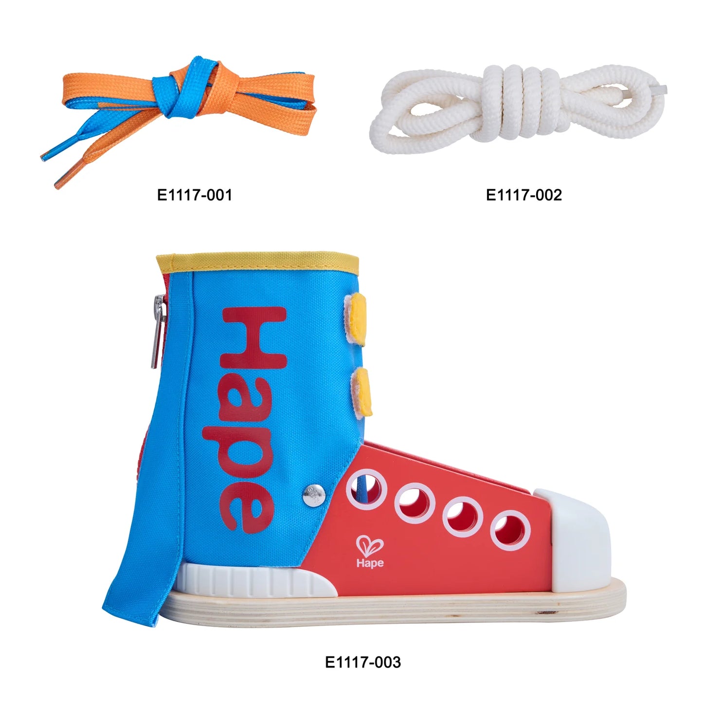 Colorful children's shoe with 'Hape' branding and two pairs of shoelaces on a white background.