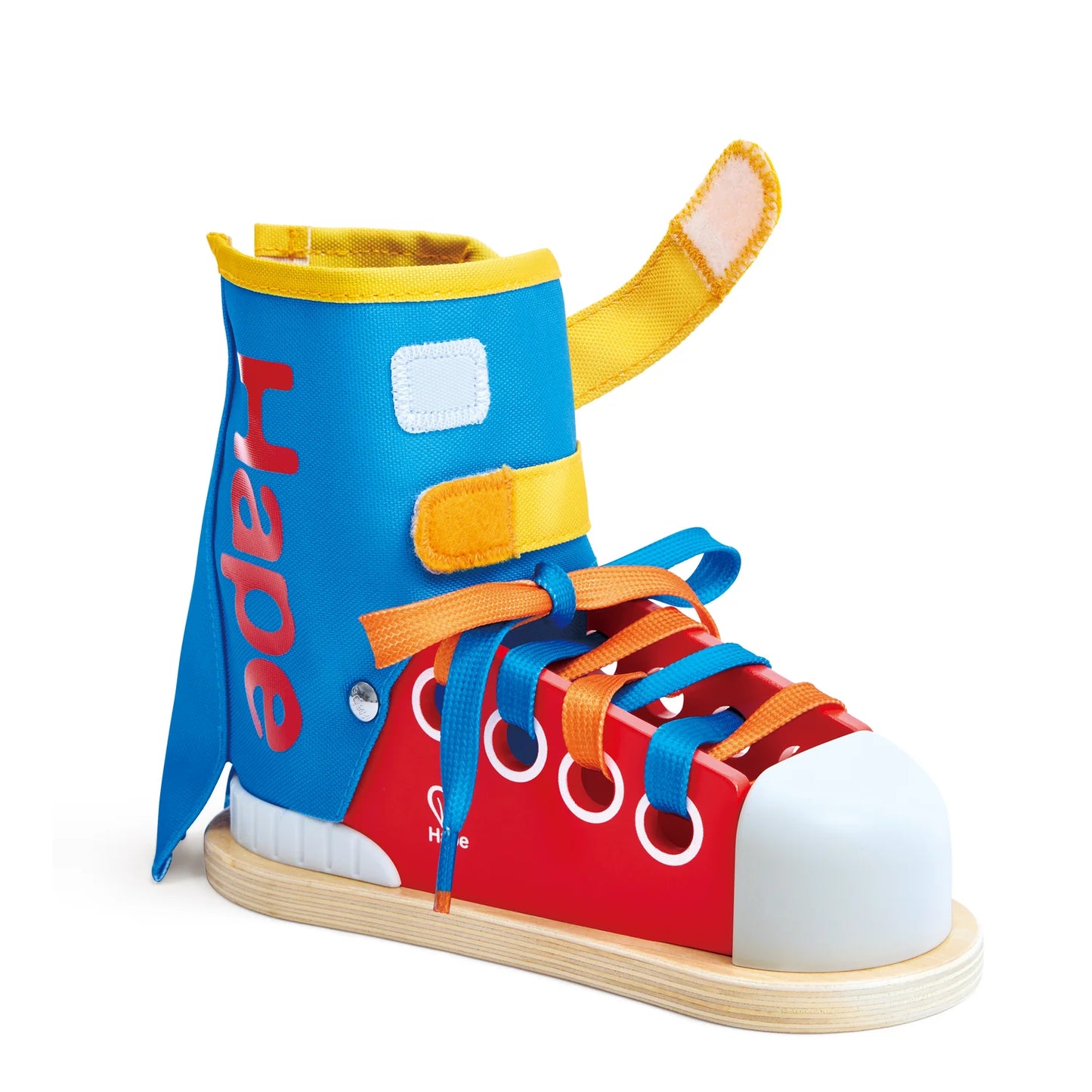 Colorful children's shoe with blue and red design on a white background