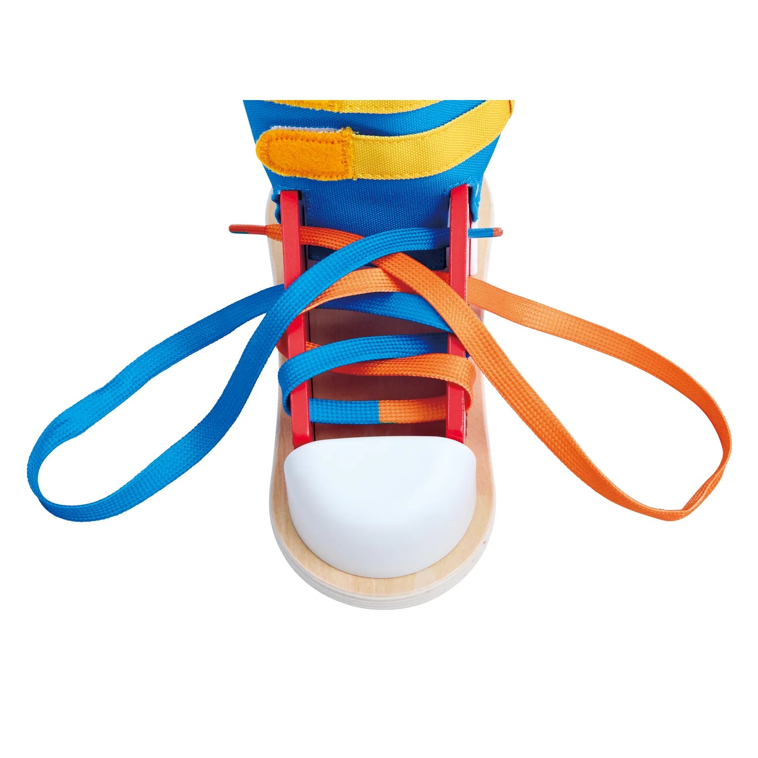 Colorful sneaker with blue and orange laces on a white background
