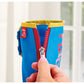 Colorful water bottle holder with a zipper being held by a hand against a blurred window background