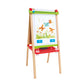 Children's art easel with white board and paint tray on a white background