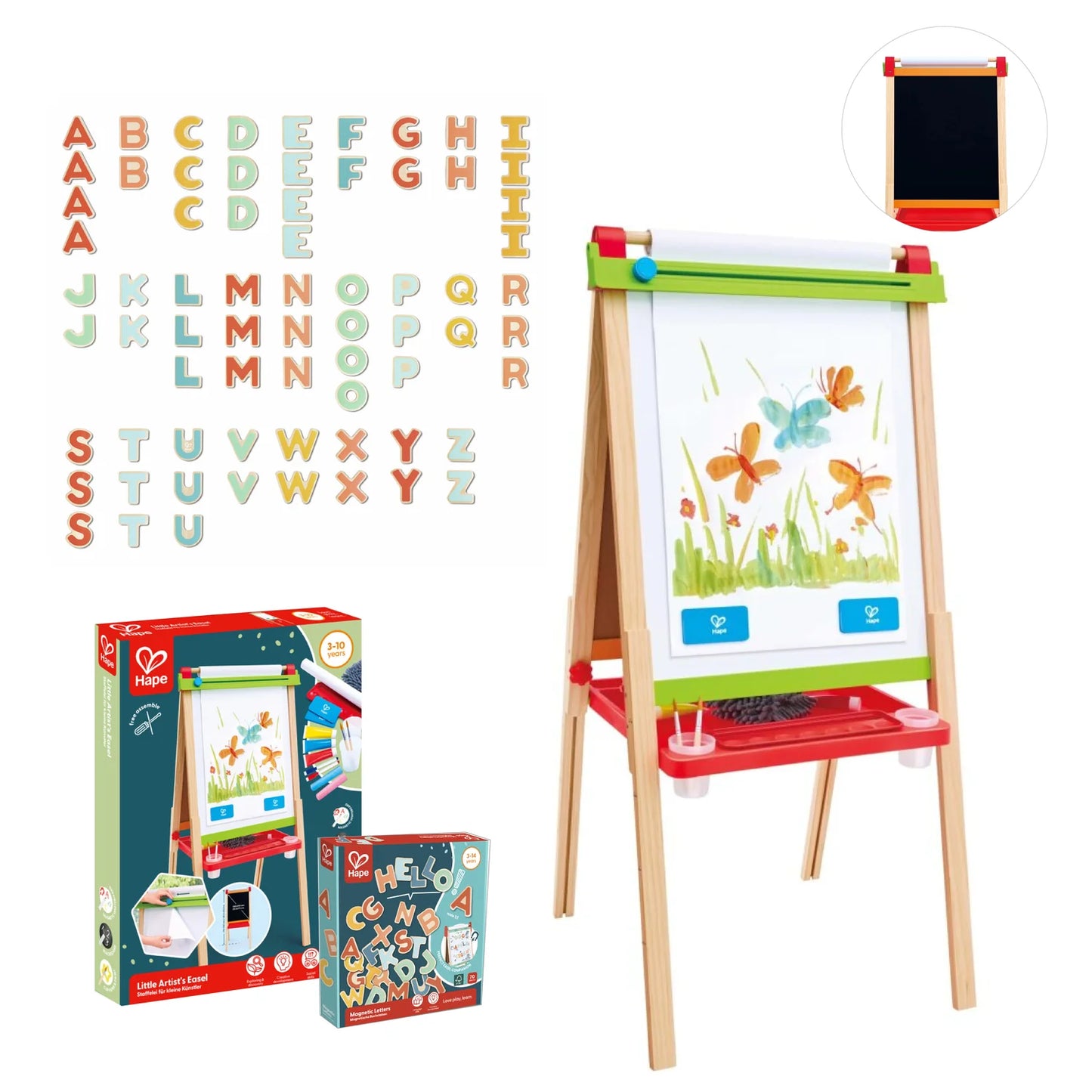Children's art easel with chalkboard and whiteboard, surrounded by educational materials on a white background.