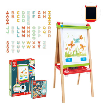 Children's art easel with chalkboard and whiteboard, surrounded by educational materials on a white background.