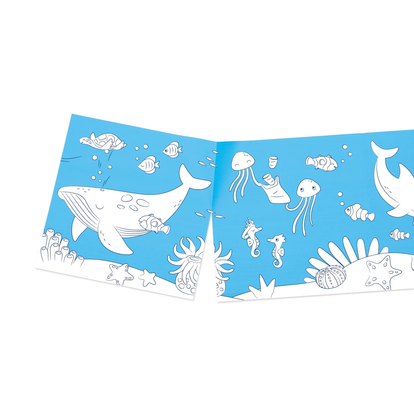 Illustrated open book with ocean-themed drawings on a blue background