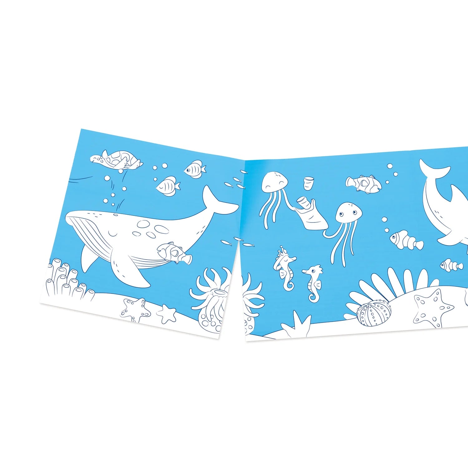 Illustrated open book with ocean-themed drawings on a blue background