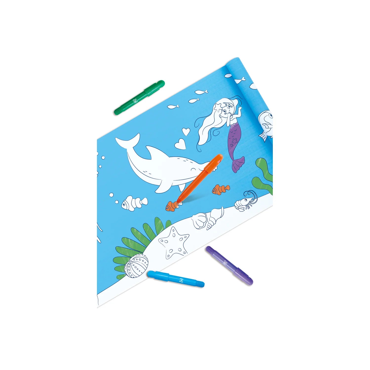 Coloring book with ocean-themed illustrations and markers on a white background