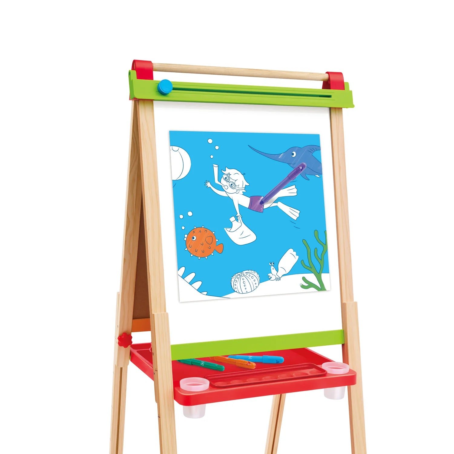 Children's art easel with a drawing of an underwater scene on a white background