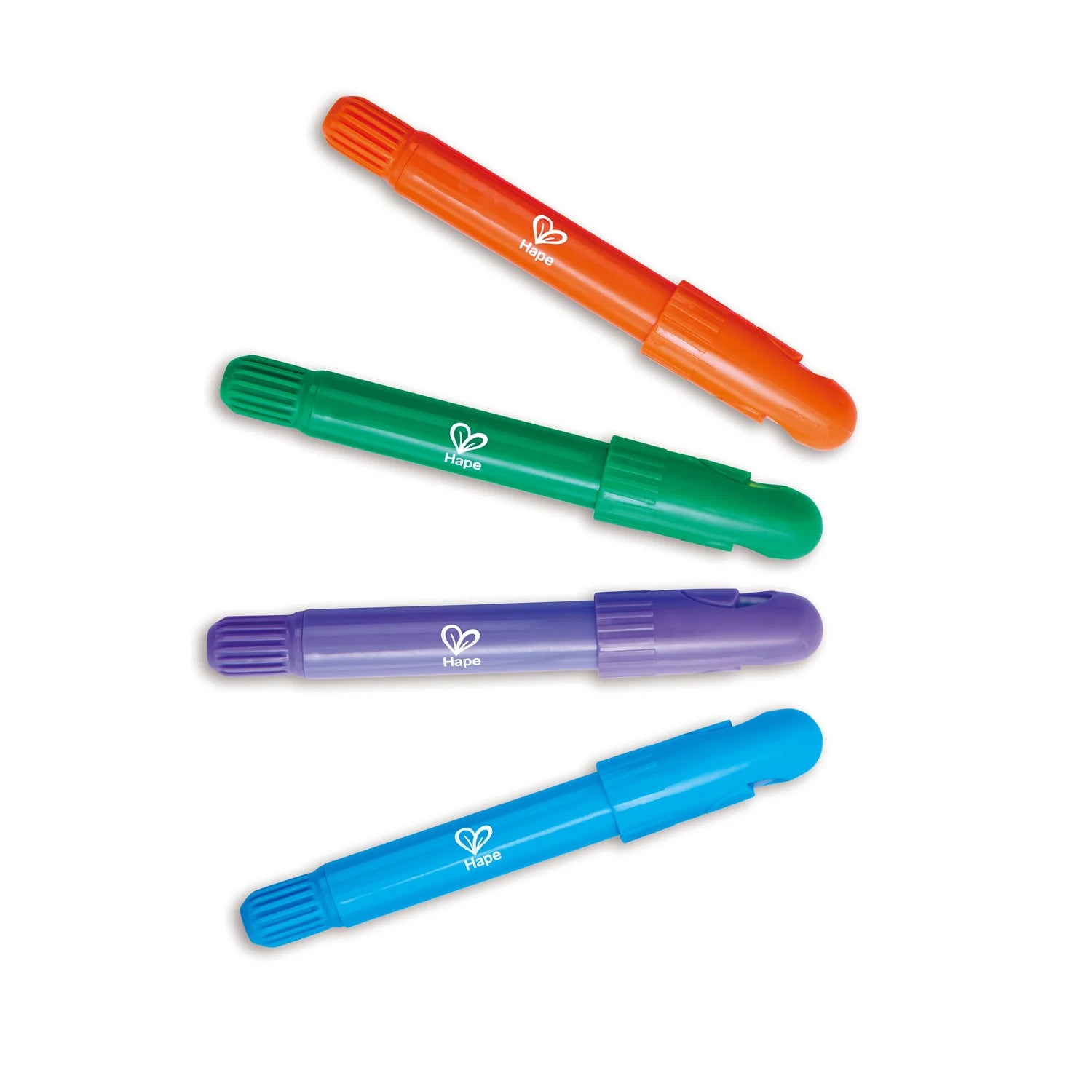 Four colorful markers (orange, green, purple, blue) on a white background