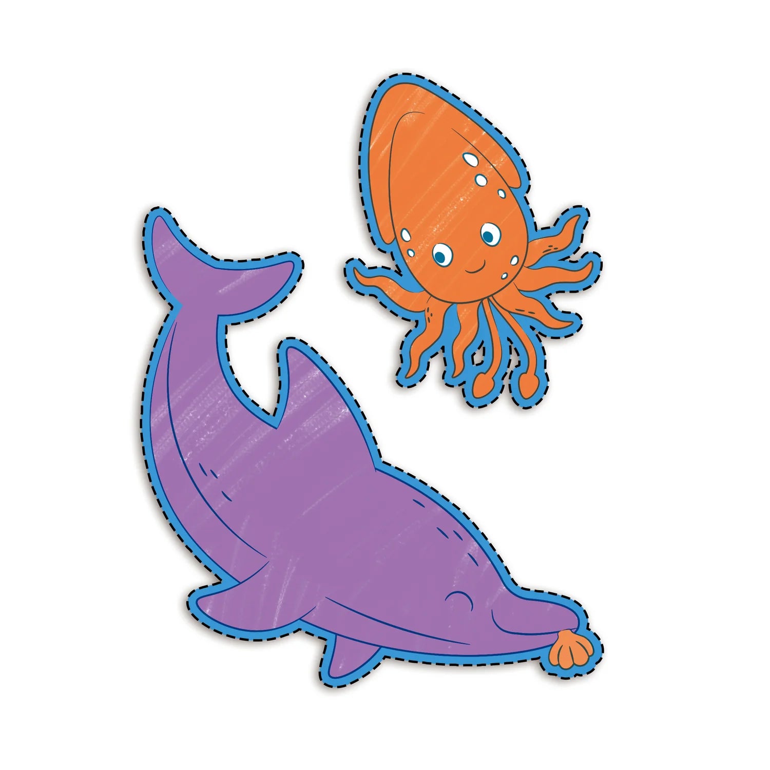 Cartoon purple dolphin and orange octopus on a white background
