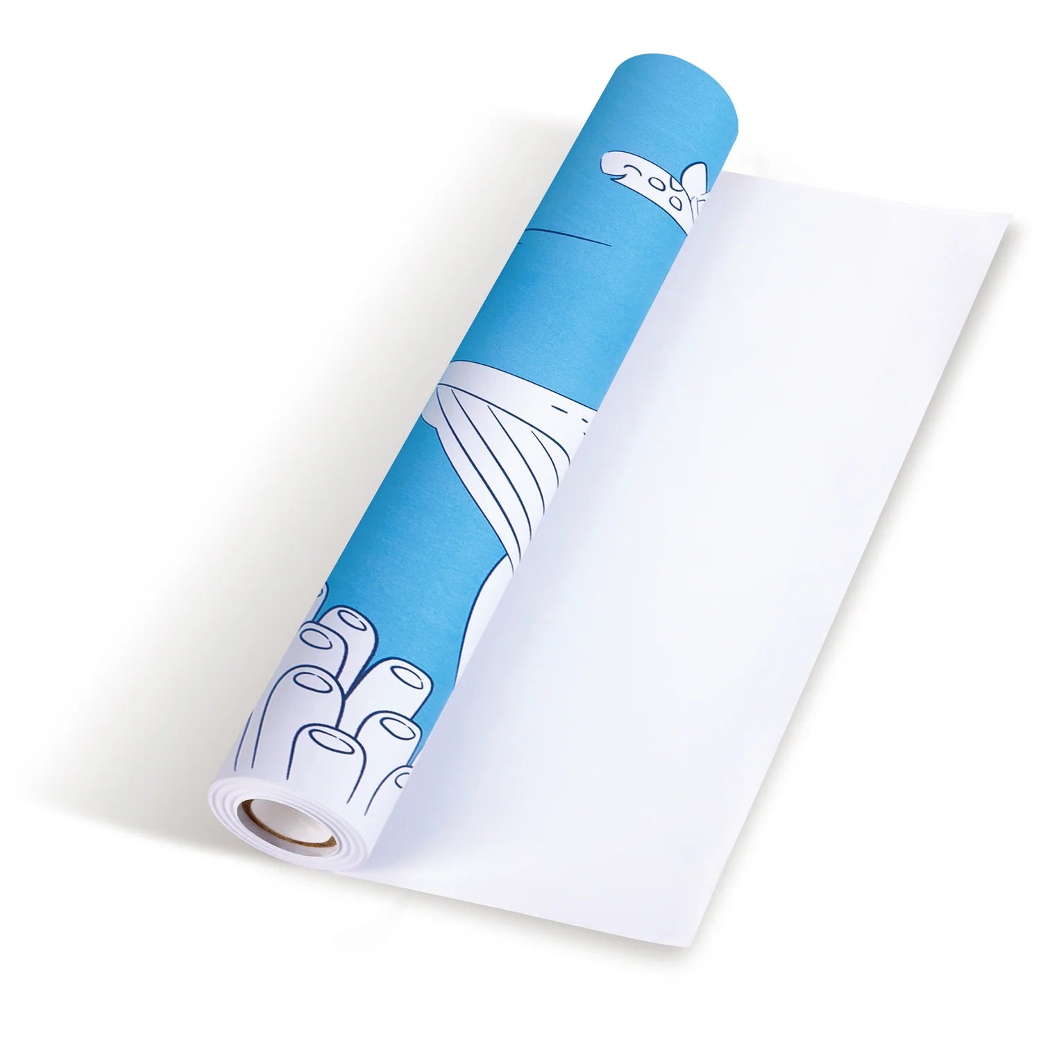Roll of white paper with blue top section featuring illustrations on a white background
