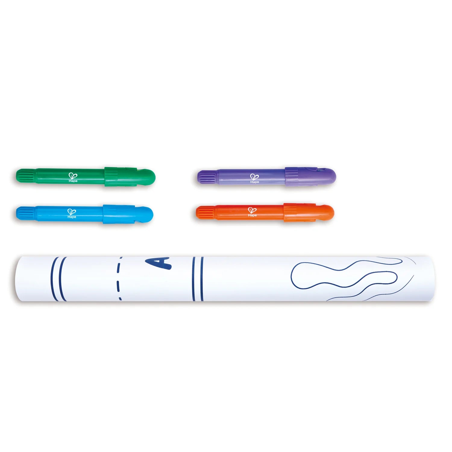 Set of four colorful markers with a large white marker on a white background