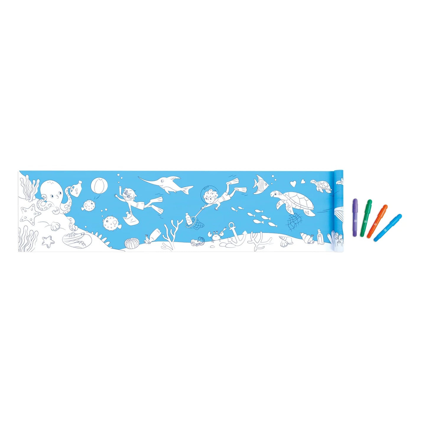 Underwater-themed coloring book with markers on a white background