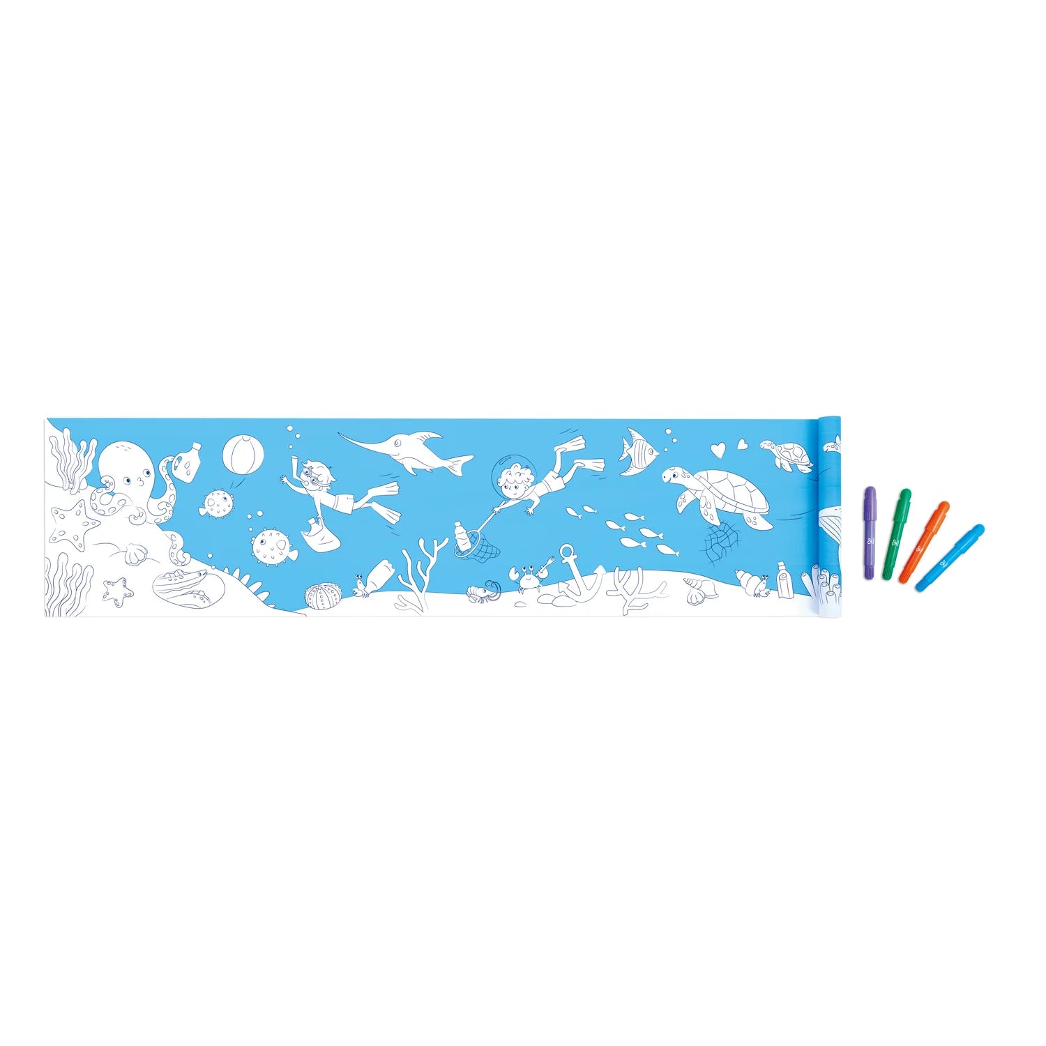 Underwater-themed coloring book with markers on a white background