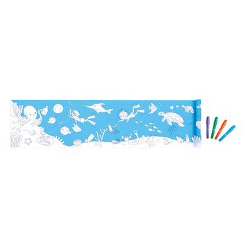 Underwater-themed coloring book with markers on a white background