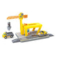 Toy construction crane set with two trucks on a white background