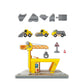 Toy crane set with construction vehicles and accessories on a white background