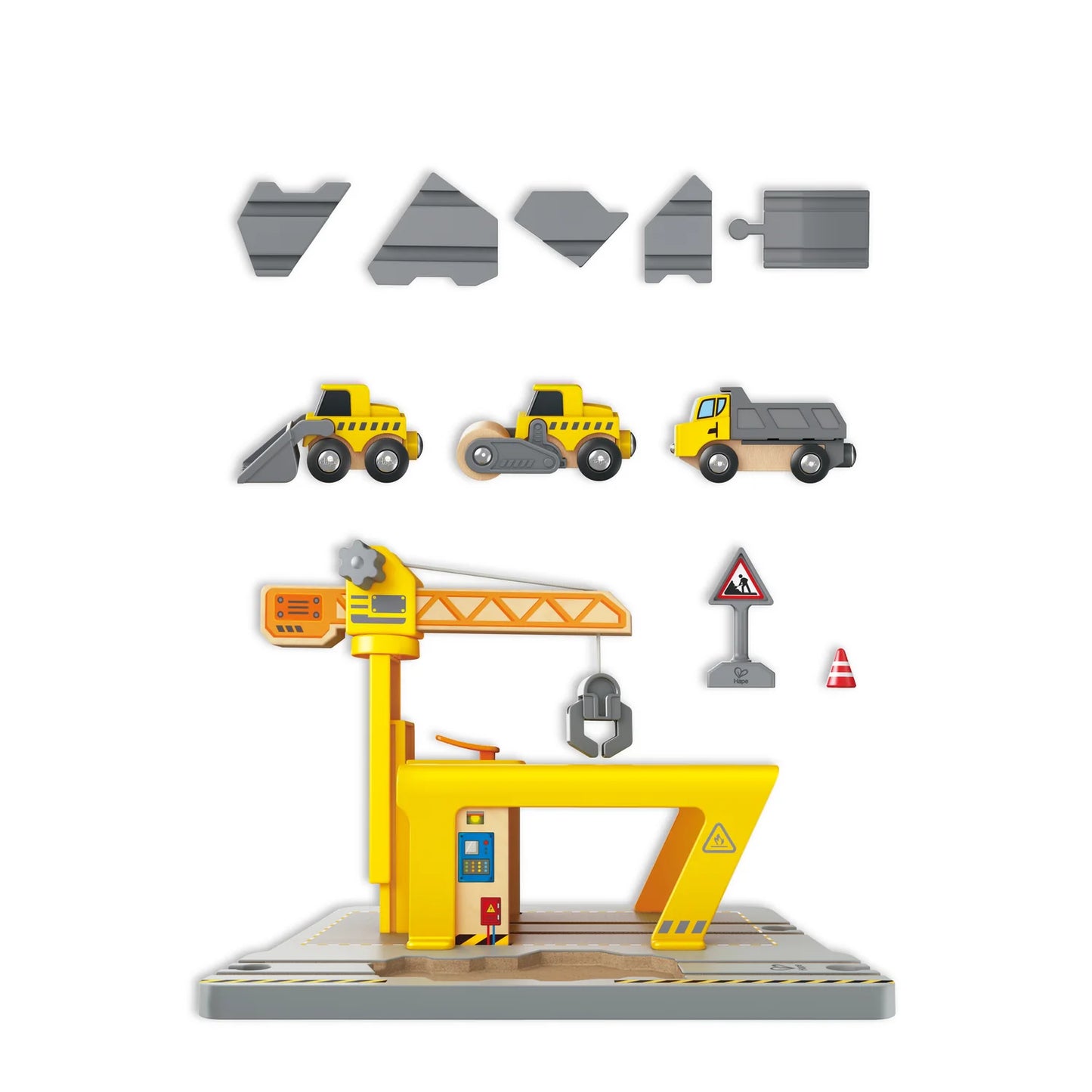 Toy crane set with construction vehicles and accessories on a white background