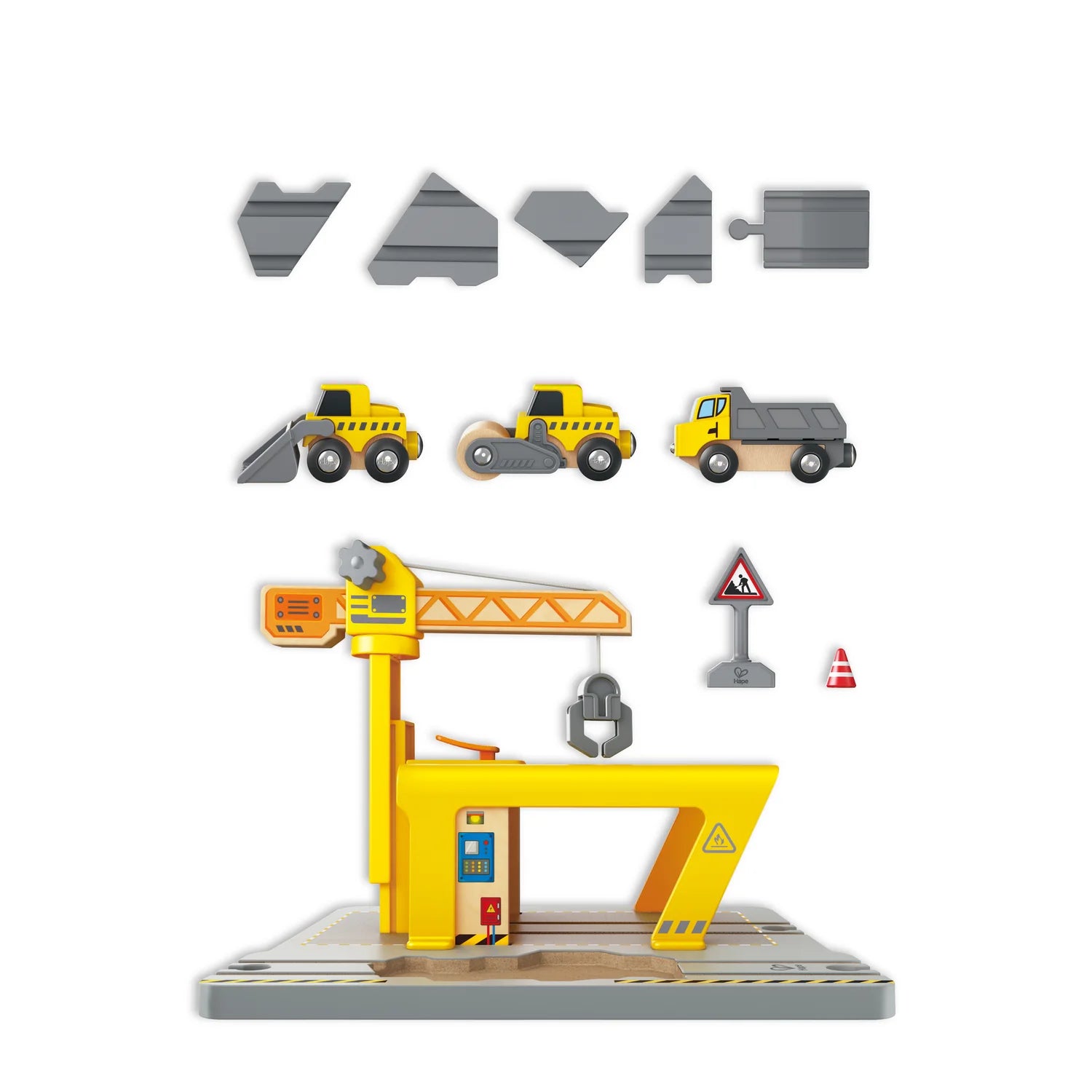 Toy crane set with construction vehicles and accessories on a white background