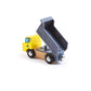 Toy dump truck with yellow body and gray bed on a white background