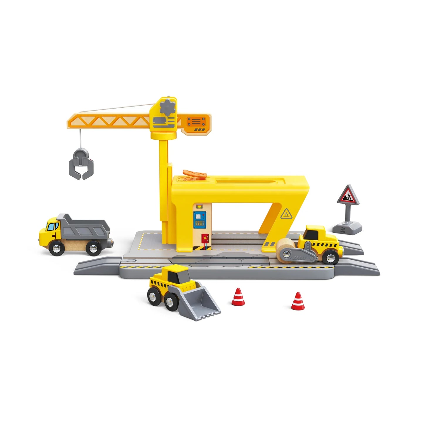 Toy construction set with crane and trucks on a white background
